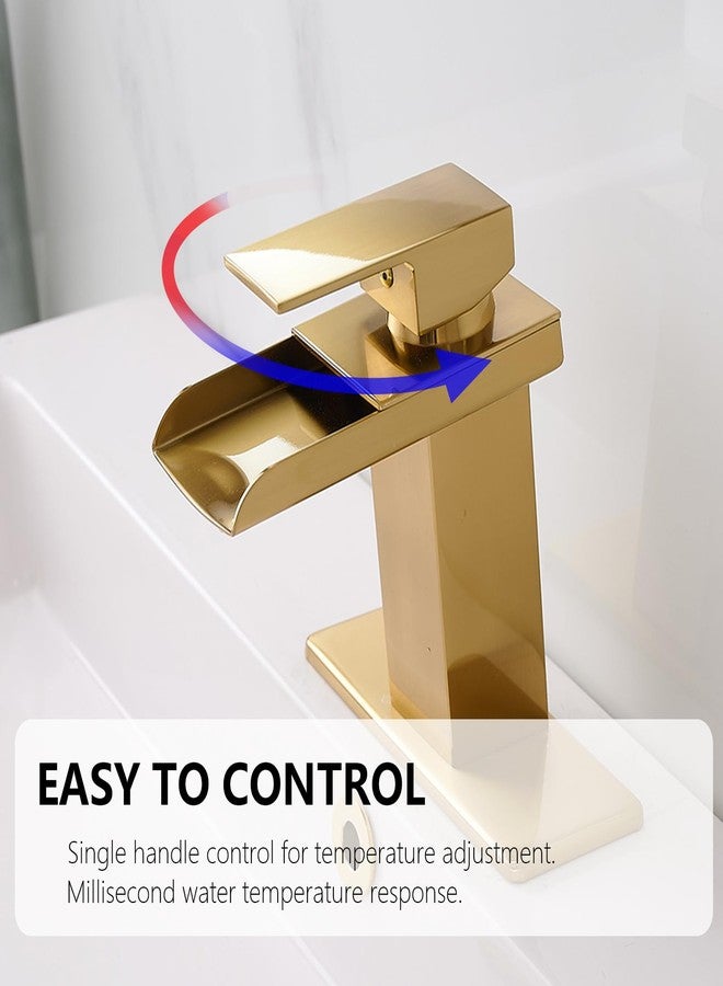 BATHLAVISH Gold Bathroom Faucet Waterfall Single Hole Sink Brushed Gold Single Handle with Pop Up Drain with Overflow Vanity Lavatory Mixer Tap Modern Deck Mount - Image 3
